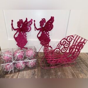 Christmas Hot Pink Tree Ornament Decor - Fairy Set Glitter Holiday Santa Sleigh